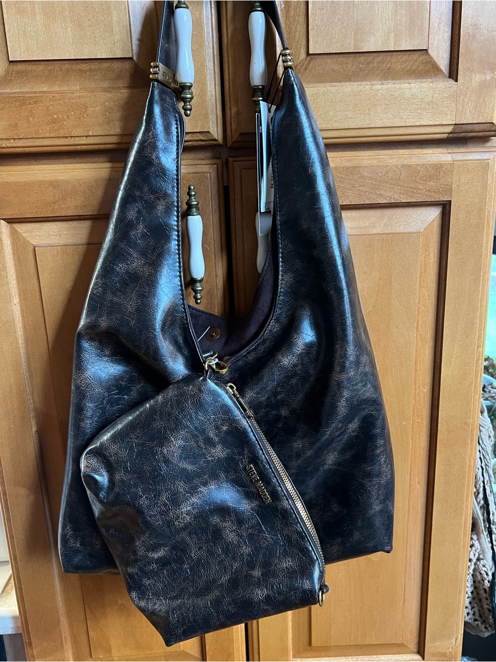 Steve Madden Vintage-Style Dark Brown Hobo Tote with Included Crossbody